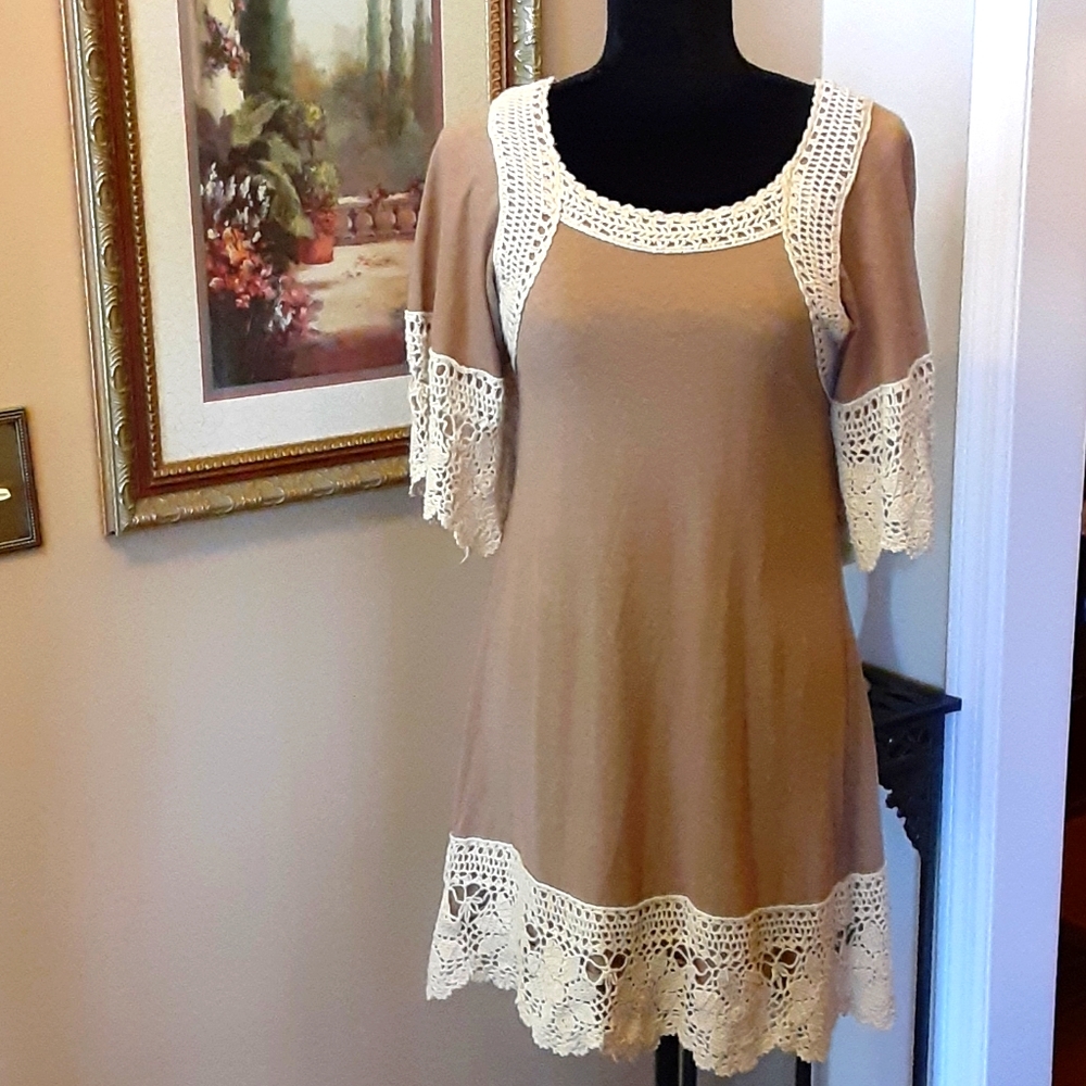 Judith March cocoa dress/tunic cream metallic lace 100% cotton Full Lined S EUC…